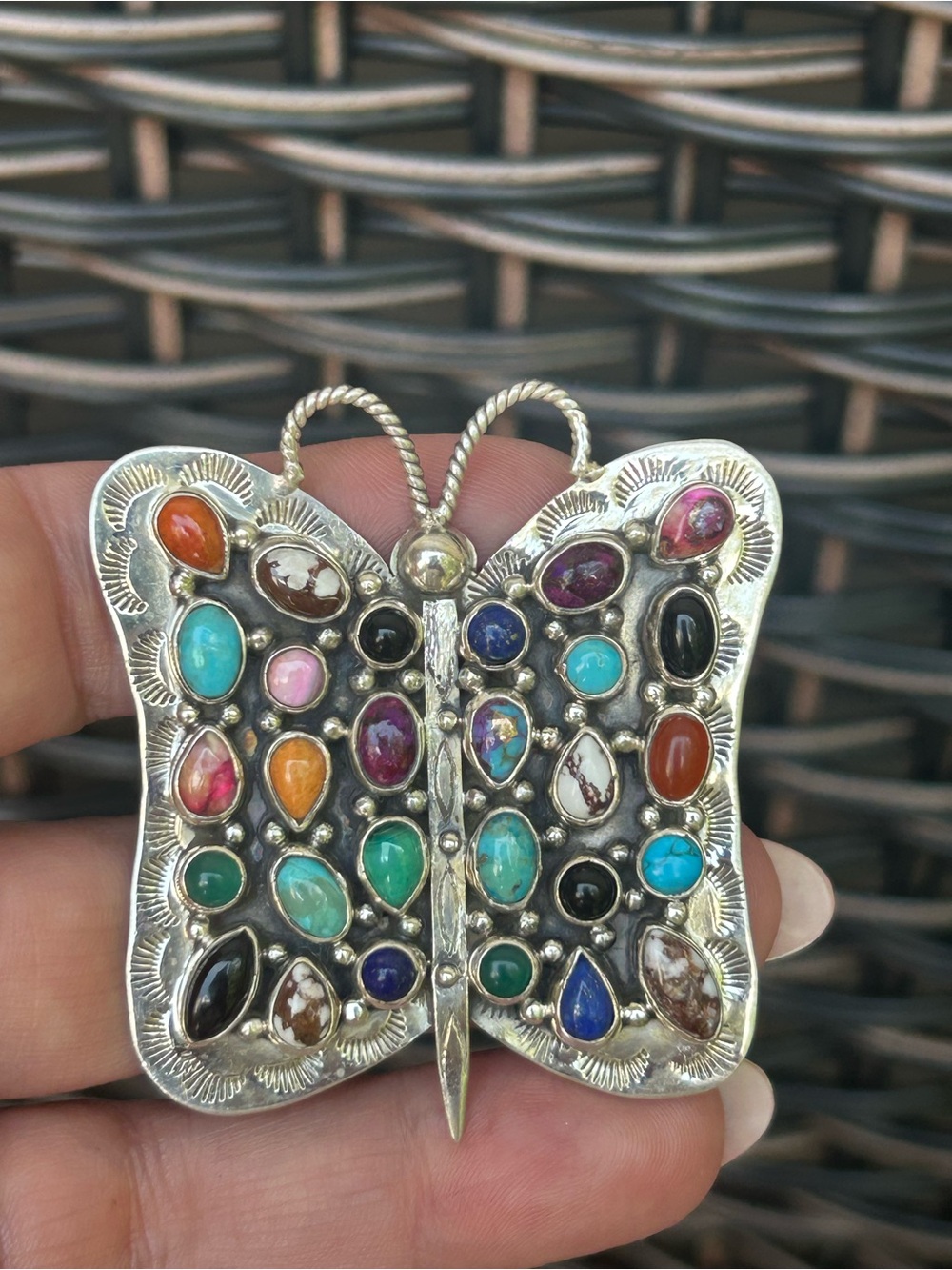Sterling Silver Multi-Stone Butterfly Pendant - Turquoise & Multicolor